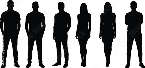 Human silhouettes, standing posture, diverse body types, black outline, adult figures, fashion template, character modeling, ergonomic study, white background, minimal style