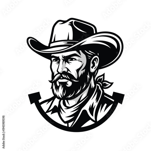 Rugged Bearded Cowboy Portrait Illustration with Western Emblem Design in Monochrome