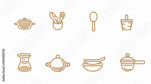 Line-art icons of kitchenware pots, spoons, beaker, cooking, food preparation utensils
