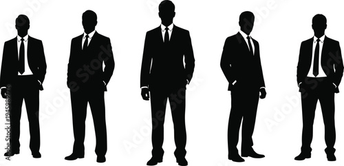 Five black silhouettes of men in business suits standing on white background