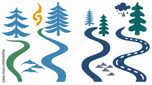 Stylized, colorful nature scenes with roads, trees, mountains, a flame, and rain