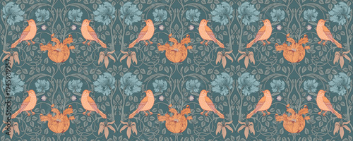 Seamless vintage floral pattern with birds, flowers and foliage in classic Arts and Crafts style. Detailed ornamental botanical design inspired by historic British textiles and traditional decorative 