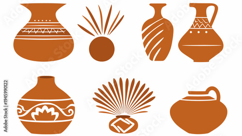Collection of stylized terracotta vases and decorative elements, evoking ancient pottery