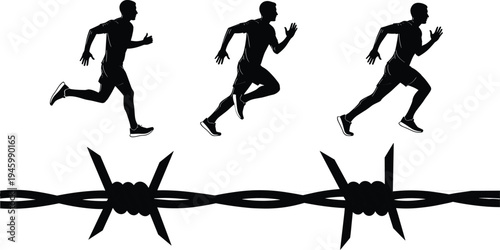 Three black silhouettes of men running above a barbed wire fence on white background