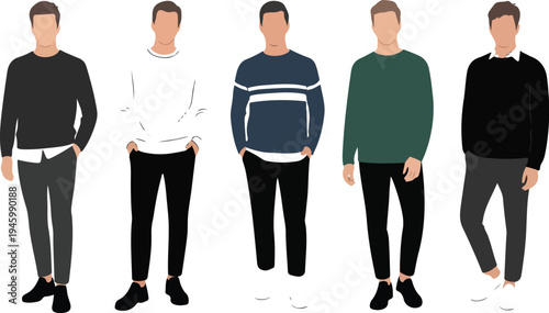 Men character set wearing casual sweaters and sweatshirts in various colors isolated on white background flat vector illustration