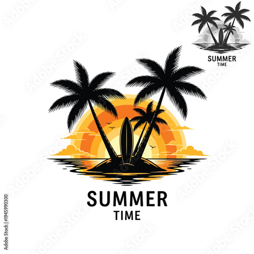 Idyllic Summer Time Beach Island Scene with Sunset and Surfboard Vector Graphic