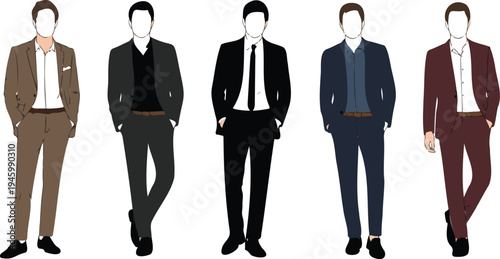 Modern businessman character set wearing formal suits and blazers in different colors isolated on white background flat vector