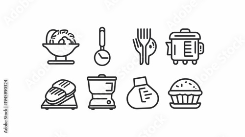 Kitchen icons in minimalist style, showing various food and utensils in black outline