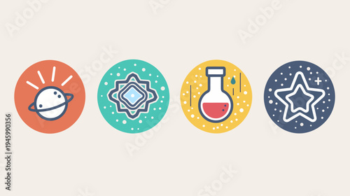 Four circular icons with various illustrations against a beige backdrop