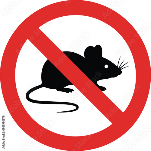 Pest control sign with black rat silhouette in red prohibited circle isolated on white background flat vector illustration