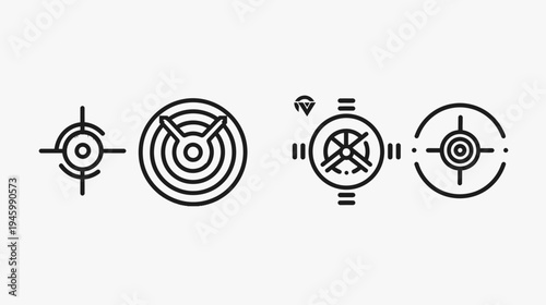 Four black and white targets, each with a different design, on a white background