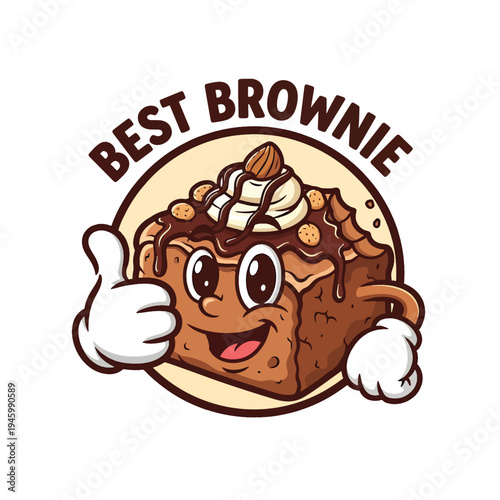 Happy Brownie Mascot Gives Thumbs Up, Expressing Deliciousness and Quality Dessert