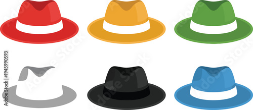 Colorful fedora hat vector icon set with various ribbon colors isolated on white background flat fashion illustration