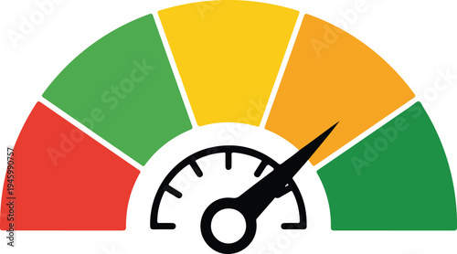 Colorful speedometer gauge with needle pointing to high performance area isolated on white background flat vector illustration