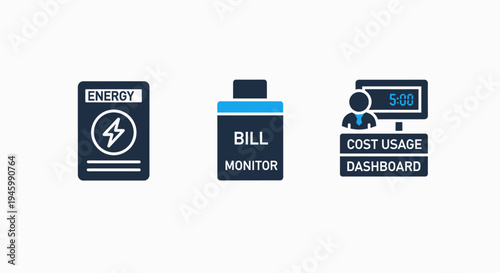 Energy and cost icons: usage dashboard, bill monitor, and energy meter