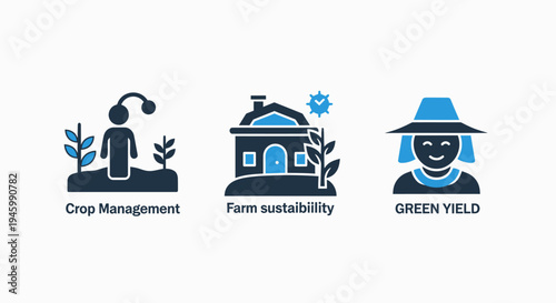 Agriculture icons: crop management, farm sustainability, and green yield