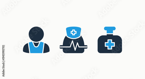 Healthcare icons: patient, medical monitoring, and first aid kit symbolizing health and care