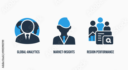 Global analytics, market insights, and region performance icons representing business data and strategy