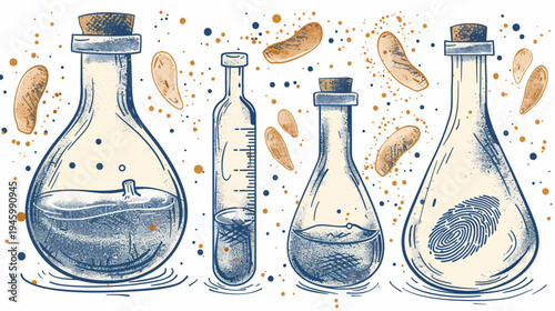 Artistic depiction of glass vials, liquid, and floating forms with a fingerprint