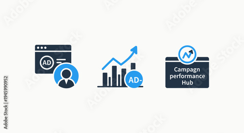 Marketing icons: advertising performance, campaign management, user targeting, analytics, data visualization, online promotion, business growth