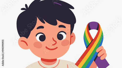 Boy Holding Rainbow Ribbon for Pride Month vector illustration