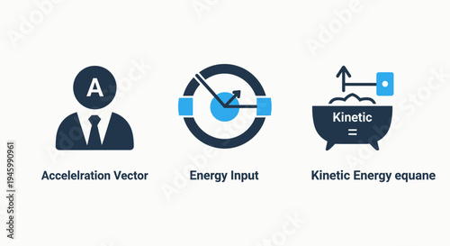 Physics icons: acceleration vector, energy input, kinetic energy, physics formula, motion, power, scientific concepts, research