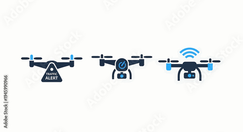 Drone technology icons: aerial surveillance, drone delivery, automated flight, drone technology, surveillance alert, wireless communication
