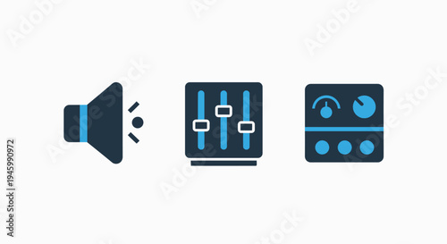 Audio control icons: sound volume, mixer console, audio levels, sound engineering, music production, equalizer, sound equipment