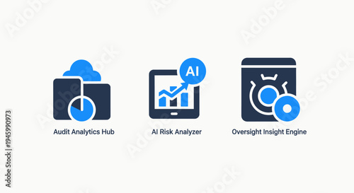 Digital analytics icons: cloud, AI chart, and insight engine for business data and technology