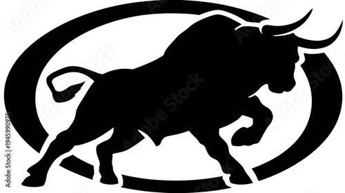 Silhouetted illustration of a bull charging forward within a circular outline, in monochrome