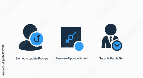 Security icons: biometric update, firmware upgrade, and patch alert for cybersecurity