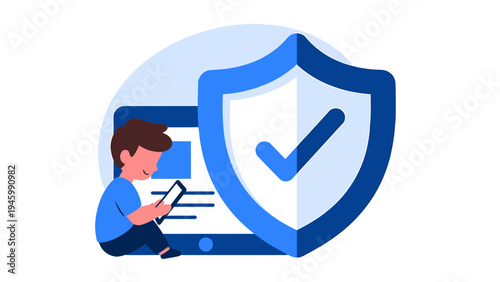 Child Using Tablet Protected by Shield and Checkmark vector illustration