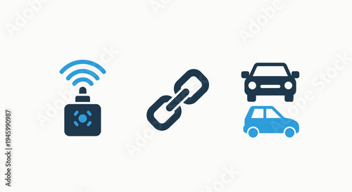 Connected car icons: smart device, chain link, and cars for transportation and technology