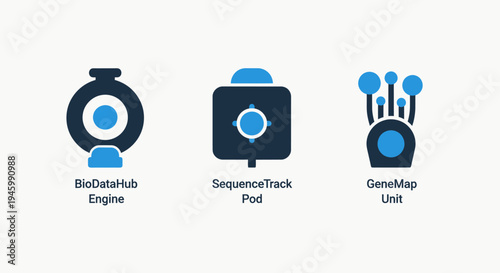 Biotechnology icons: data hub, sequence tracker, and gene map for genetics and science