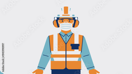 Construction Worker Wearing Safety Gear and Face Mask vector illustration
