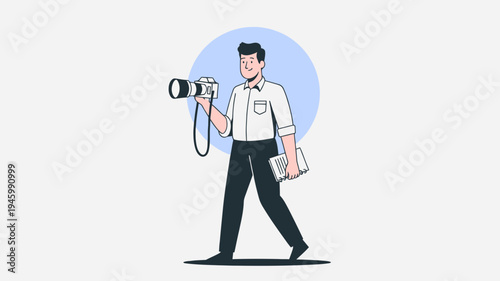 Man Holding Camera and Notebook Walking vector illustration