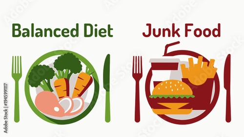 Balanced Diet vs Junk Food Comparison vector illustration