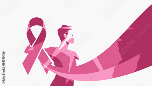 Woman Holding Pink Ribbon Symbolizing Breast Cancer Awareness vector illustration