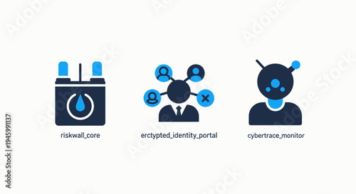 Cybersecurity icons: firewall, identity portal, and threat monitor on white background