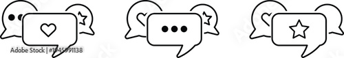 A set of three black and white icons of speech bubbles with a heart, star, and dots isolated on white background, illustration
