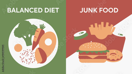 Balanced Diet vs. Junk Food Comparison vector illustration