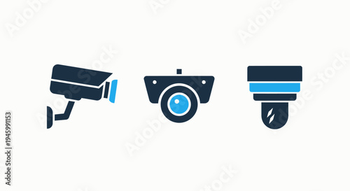 Security camera icons: surveillance camera, cctv camera, and dome camera on white background, security system, home security, business security, surveillance equipment