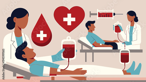 Blood Donation Process with Medical Professionals and Donors vector illustration