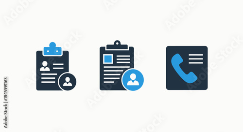 Contact and user profile icons: contact list, user document, and phone icon on white background, address book, personal information, card file, card index