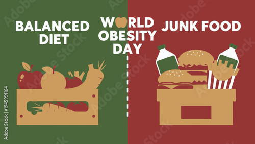 World Obesity Day Balanced Diet Versus Junk Food vector illustration
