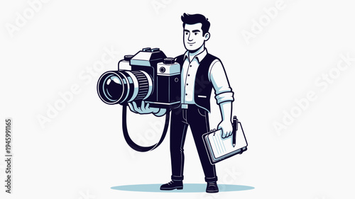 Photographer With Professional Camera And Briefcase vector illustration