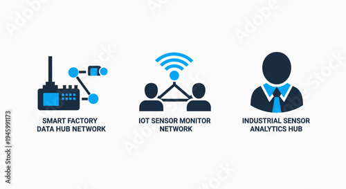 Industrial iot icons: smart factory, sensor network, and analytics hub