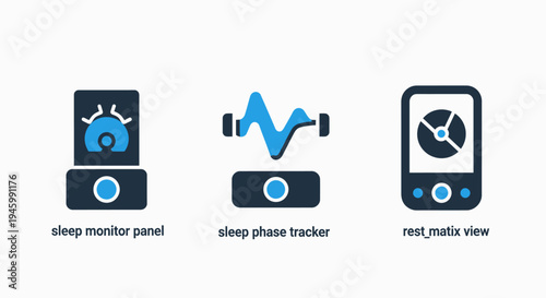 Sleep monitoring icons: device, waveform, and mobile app view