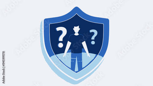 Person Silhouette Inside Shield With Question Marks vector illustration
