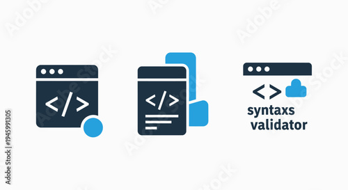 Code syntax validator and programming icons representing web development and software engineering concepts